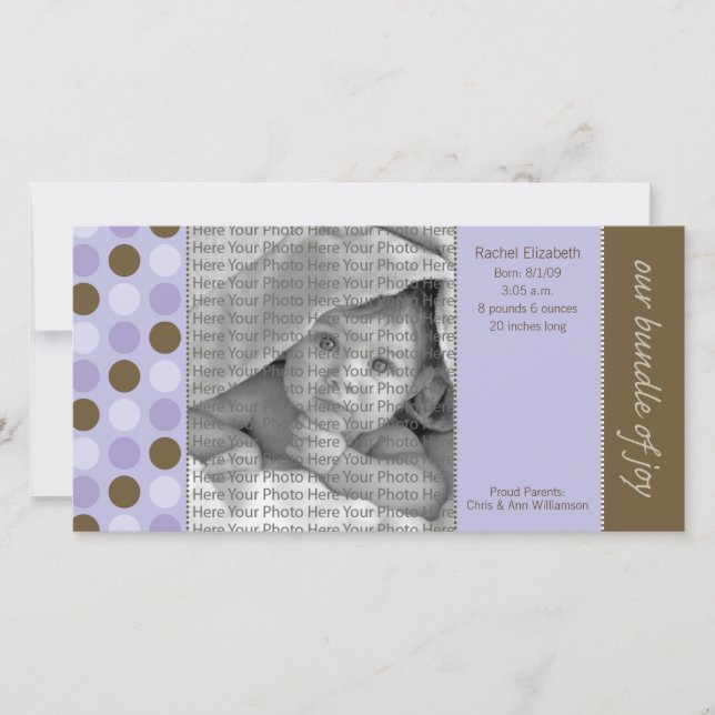 8x4 Faire-part de naissance violet et Pois Brown (Devant)