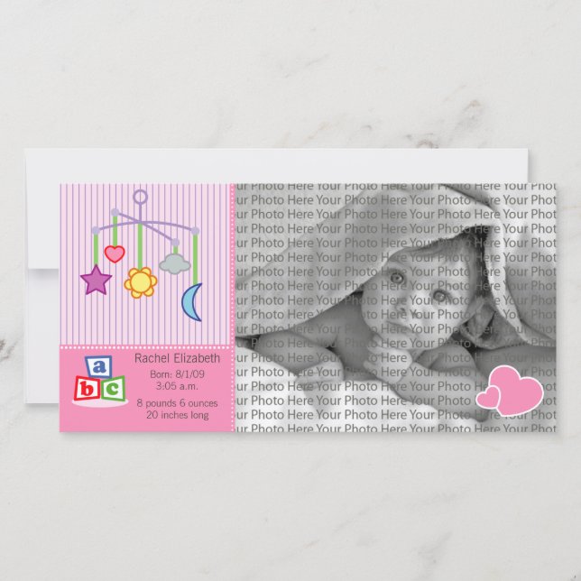 8x4 Photo de naissance Faire-part Coeurs roses (Devant)