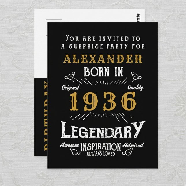 90e Anniversaire 1936 Légende Or Noir Invitation (1936 birthday invitation postcard. Background white lace.)