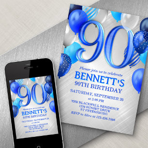 90e anniversaire Ballons Bleus Invitation