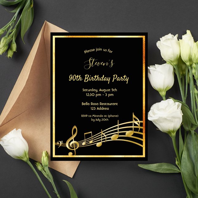 90e anniversaire Black gold music notes invitation (Créateur téléchargé)