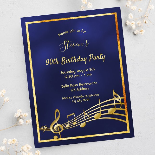 90e anniversaire bleu or musique notes invitation (Créateur téléchargé)
