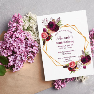 90e anniversaire burgundy invitation à l'or floral