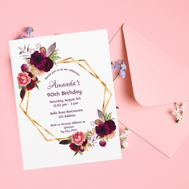 90e anniversaire burgundy invitation à l'or floral (Créateur téléchargé)