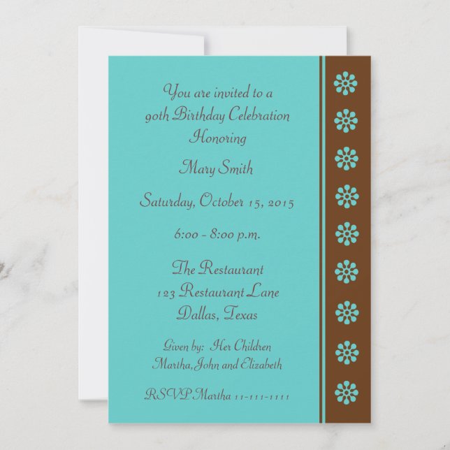 90e anniversaire de fête Invitation Aqua et Brown (Devant)