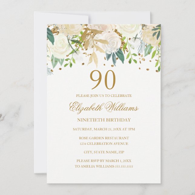 90e anniversaire Elégant or Floral Invitation (Devant)
