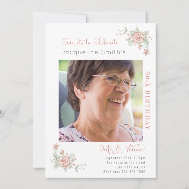90e anniversaire Floral Photo Invitation (Devant)
