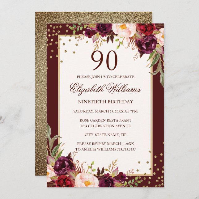 90e anniversaire Gold Bourgogne Floral Invitation (Devant / Derrière)