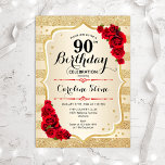 90e anniversaire - Gold Stripes Invitation Rose<br><div class="desc">90e Invitation d'anniversaire. Design élégant en or et rouge. Comprend des bandes d'or de parties scintillant fausse,  des roses rouges police de caractères stylisés et des confettis. Parfait pour une fête d'anniversaire glam.</div>