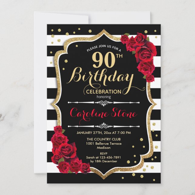 90e anniversaire Invitation Black White Stripes Ro (Devant)