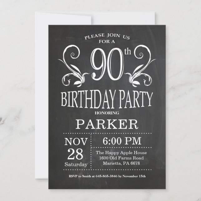 90e anniversaire Invitation Chalkboard Floral (Devant)