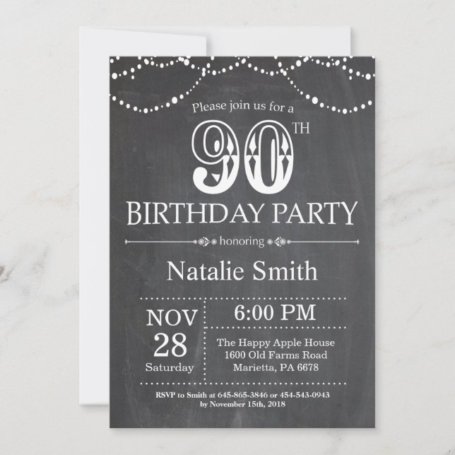 90e anniversaire Invitation Chalkboard lumières (Devant)