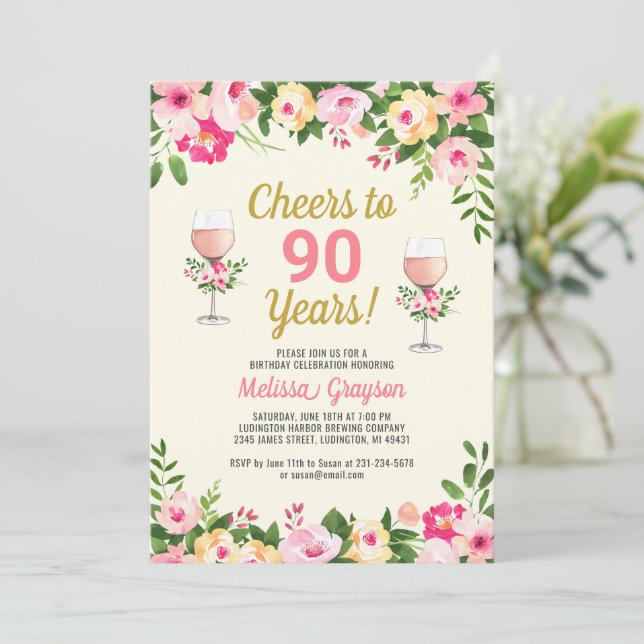 90e anniversaire Invitation Féminine Floral (Debout devant)