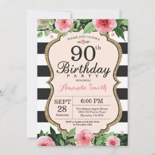 90e anniversaire Invitation Femmes. Or floral noir