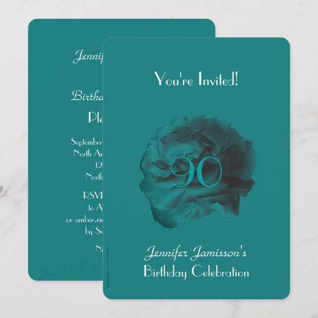 90e anniversaire Invitation fête Rose Turquoise (Devant / Derrière)