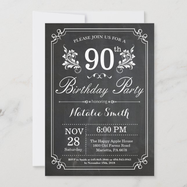 90e anniversaire Invitation Floral Chalkboard (Devant)