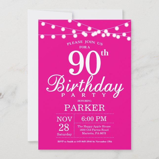 90e anniversaire Invitation Hot Pink (Devant)