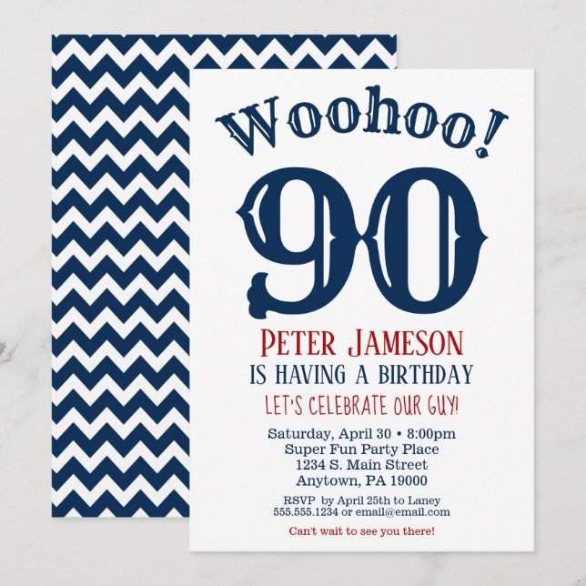 90e anniversaire Invitation Mens Marine Bleu (Devant / Derrière)