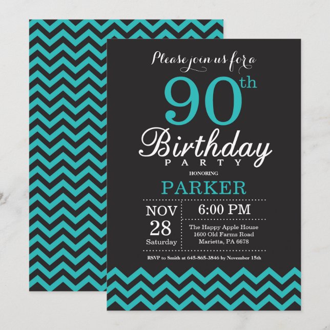 90e anniversaire Invitation Noir et Turquoise (Devant / Derrière)