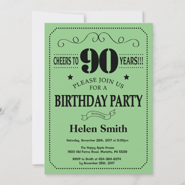 90e anniversaire Invitation noir et vert (Devant)