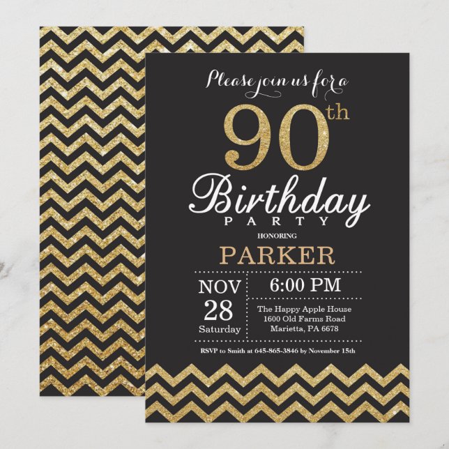 90e anniversaire Invitation Parties scintillant no (Devant / Derrière)