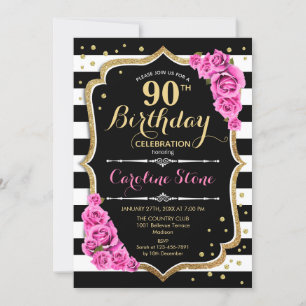 90e anniversaire Invitation rose noir blanc rayure