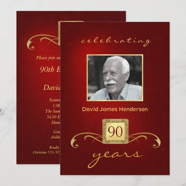 90e anniversaire Invitations - Monogramme Rouge &  (Devant / Derrière)