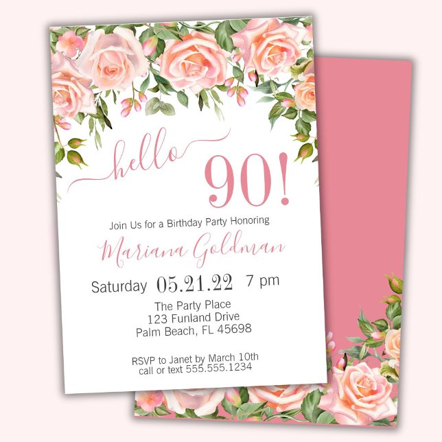 90e anniversaire Invitations Pink Floral Modern Pa (Créateur téléchargé)