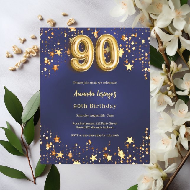 90e anniversaire marine bleu or étoiles invitation (Créateur téléchargé)