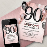 90e anniversaire Rose Gold Ballons Invitation<br><div class="desc">Une fête, une fête entière, et rien d'autre qu'une fête. C'est ce qu'il y a dans cette conception d'anniversaire. Avec ses numéros audacieux et sa typographie élégante entourée de ballons, ce design est aussi chic, tendance et flirtant qu'elle l'est. L'or rose et les couleurs noires confèrent à l'ensemble un aspect...</div>