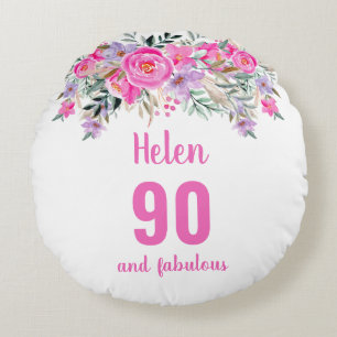 90e anniversaire rose nom floral ronde coussin