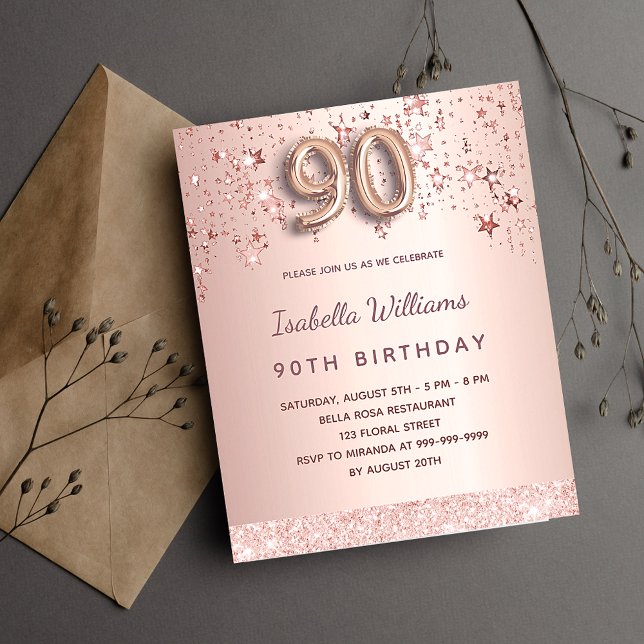 90e anniversaire rose or étoiles invitation budgét (Créateur téléchargé)
