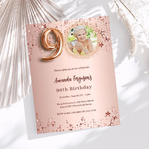 90e anniversaire rose or photo étoiles invitation