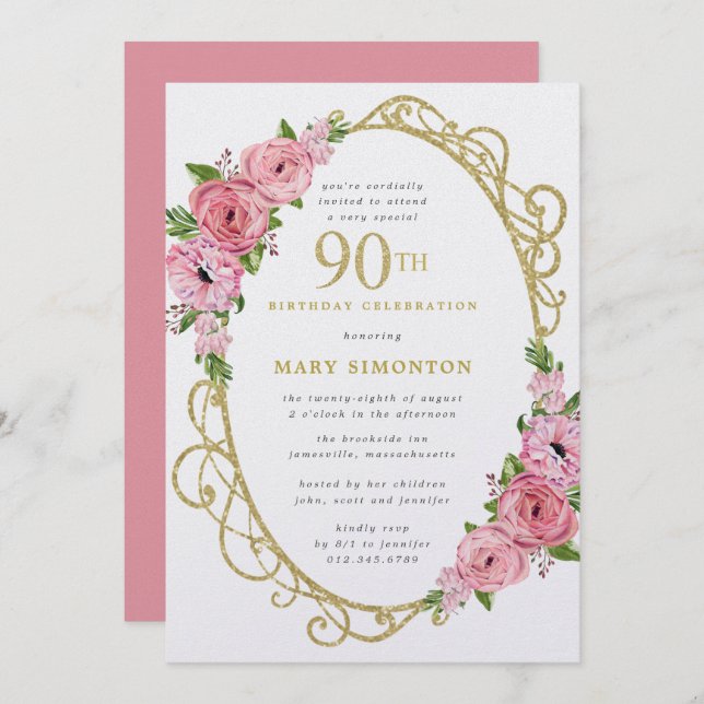 90e anniversaire Rose Rose Floral Gold Invitation (Devant / Derrière)