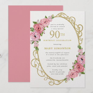 90e anniversaire Rose Rose Floral Gold Invitation