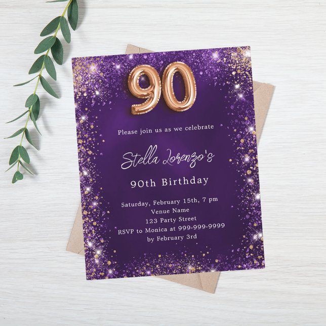 90e Anniversaire violet rose invitation en or (Créateur téléchargé)