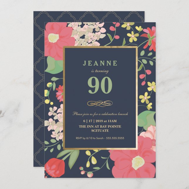 90e Invitation anniversaire - Or, élégant floral (Devant / Derrière)