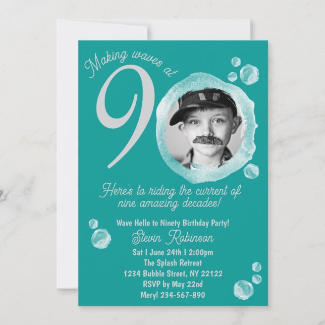 90e Ocean Turquoise Bubble Invitation de fête d'an (Devant)