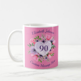 90ème Anniversaire de Mug rose floral pour femmes