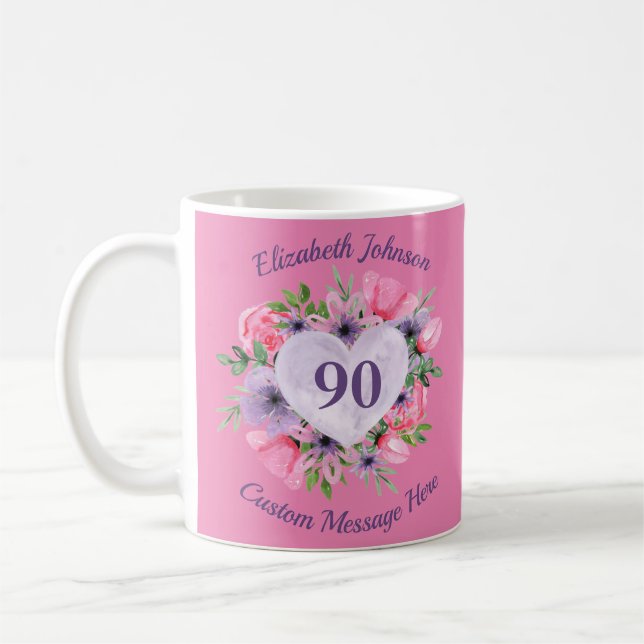 90ème Anniversaire de Mug rose floral pour femmes (Gauche)