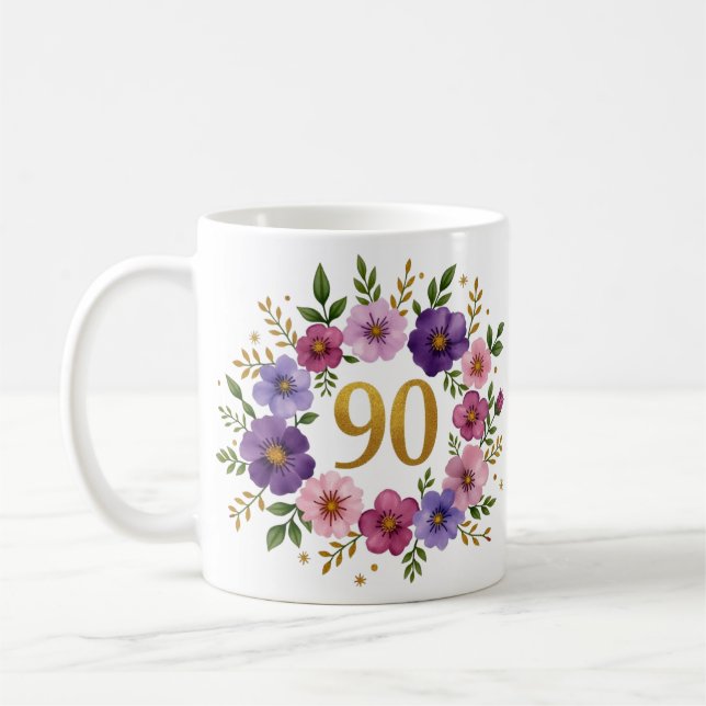 90ème Anniversaire Mug - Couronne florale avec num (Gauche)