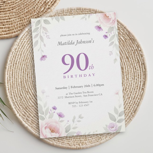 90èmes Invitations d'anniversaire Florales Élégant (90th Birthday Invitation Pastel Floral Garden)