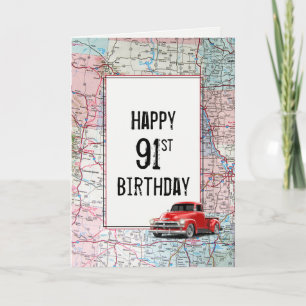 91e Anniversaire Camion rouge Retro sur la carte