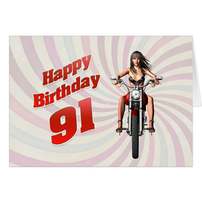 91e carte d'anniversaire avec une fille de moto (Devant horizontal)