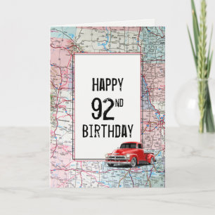 92e anniversaire Camion rouge Retro sur la carte