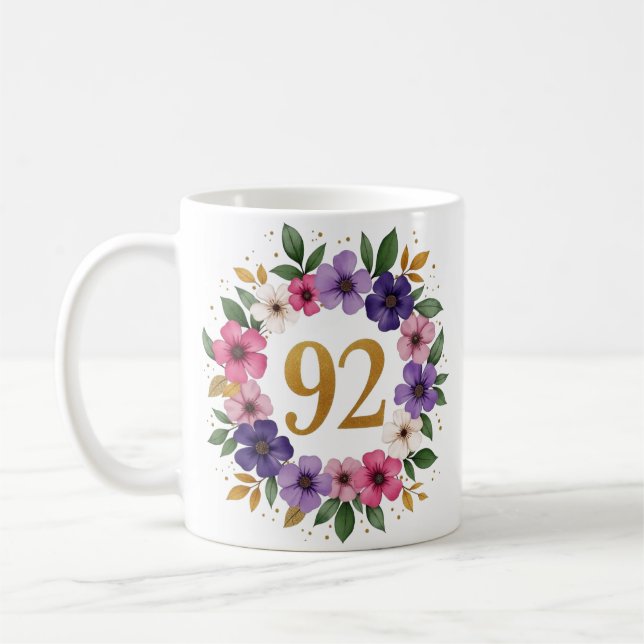 92ème Anniversaire Mug - Couronne florale avec num (Gauche)