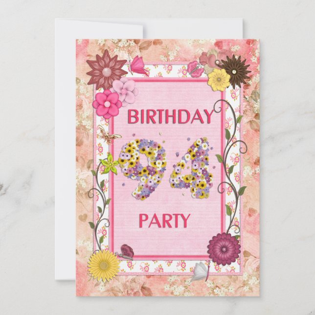 94ème anniversaire invitation fête avec cadre fleu (Devant)