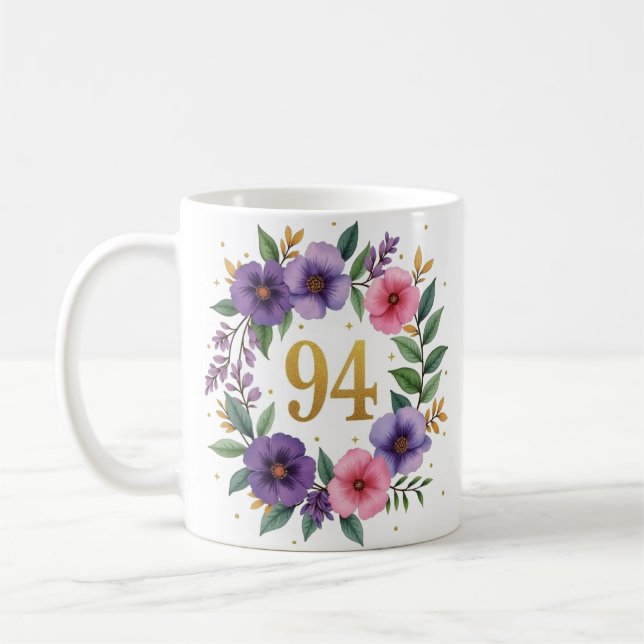 94ème Anniversaire Mug - Couronne florale avec num (Gauche)