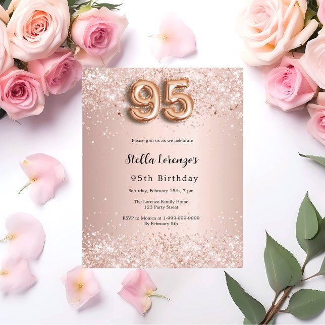 95e anniversaire rose invitation confetti rose or (Créateur téléchargé)