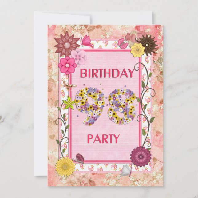 98e anniversaire invitation fête avec cadre fleuri (Devant)
